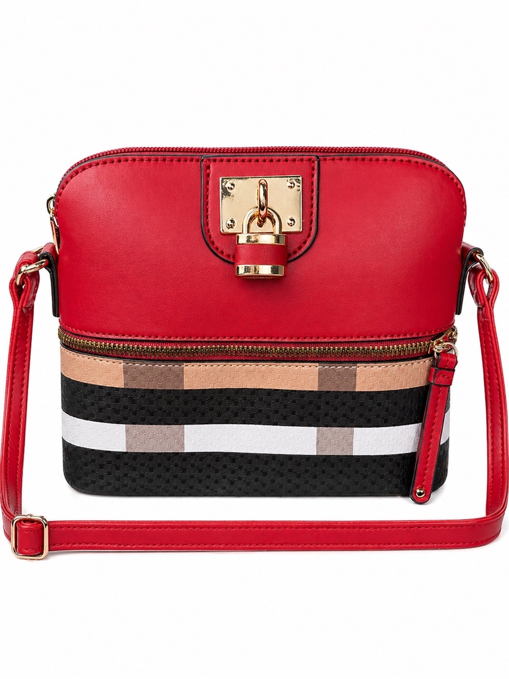 Red Crossbody Bag with Striped Accent and Gold Padlock Detail